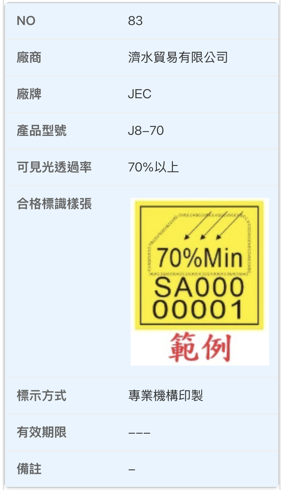 JEC J8-70 交通部合格標識貼紙 JEC J8-70 交通部合格標識貼紙
